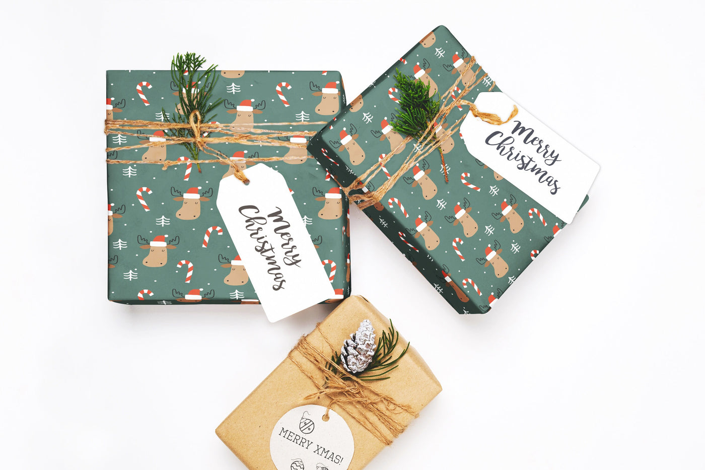 Wrapping paper, Boho holiday pattern, Xmas gift wrap sheets, Moose Christmas wrap, Candy cane paper rolls for corporate gifts, wps0147