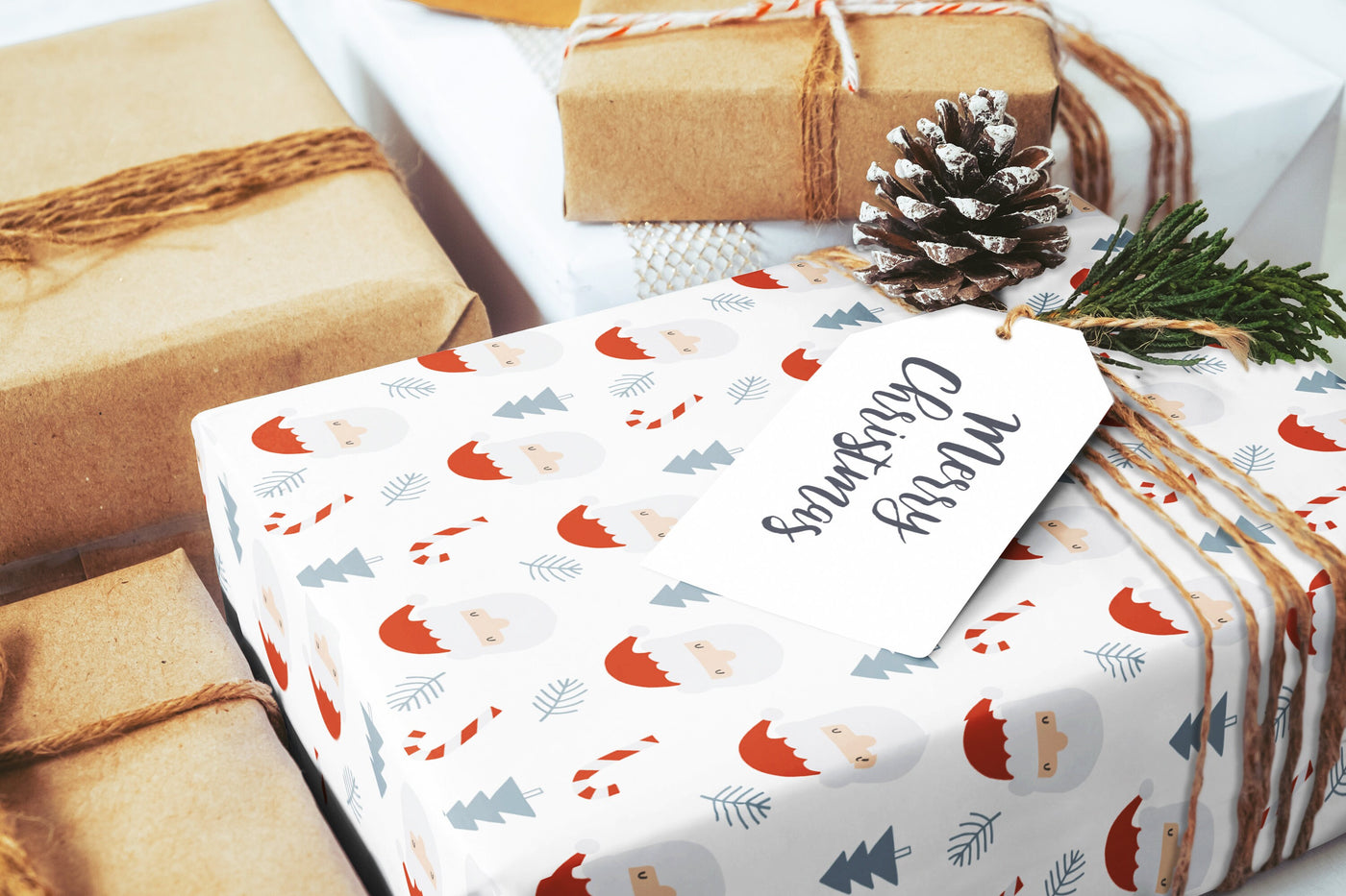 Wrapping paper, Boho holiday pattern, Xmas gift wrap sheets, Santa Christmas wrap, Candy cane paper rolls for corporate gifts, wps0158