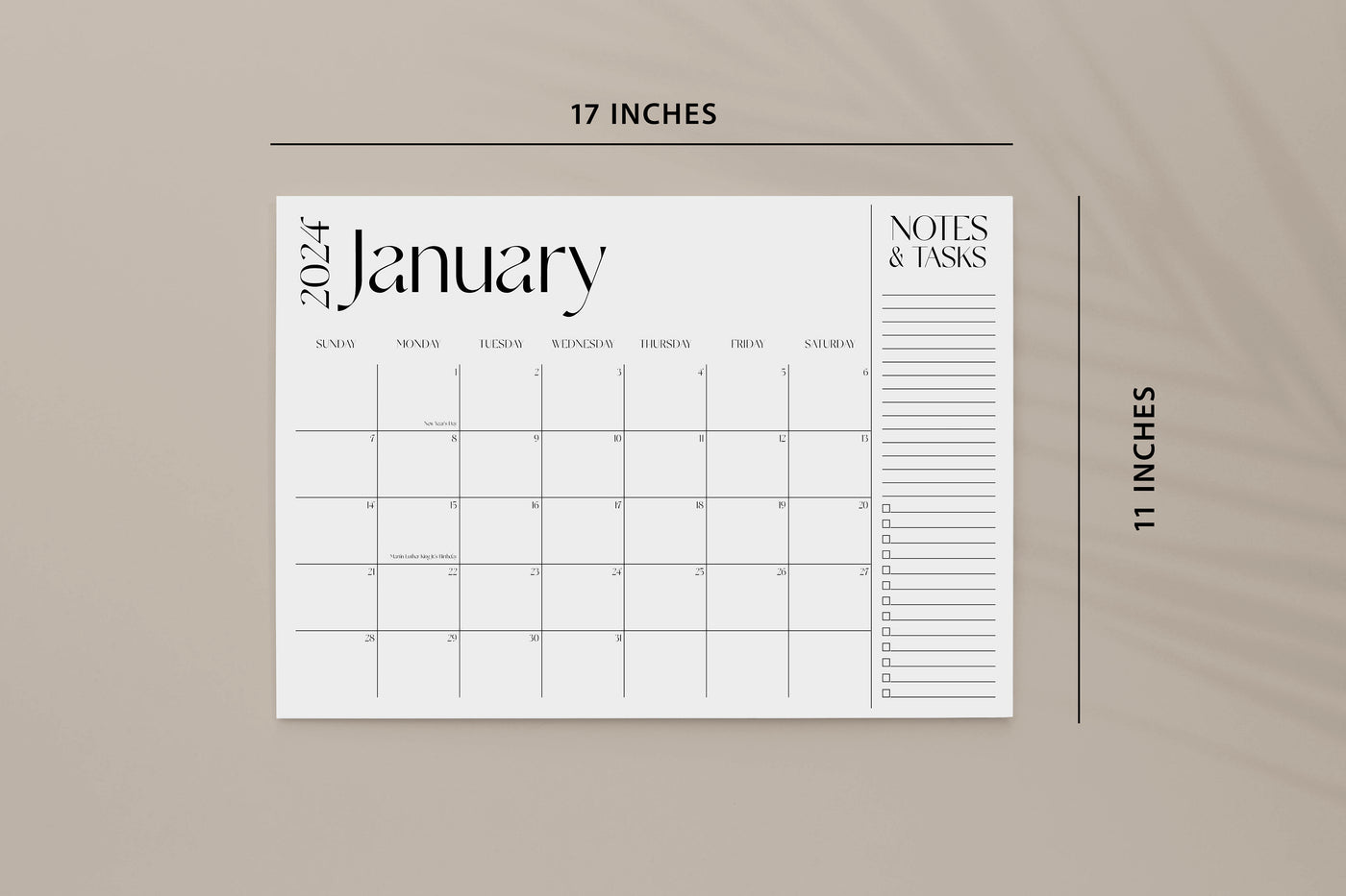 2024 Desk Calendar, SUNDAY start, 11x17 Notepad, Large Desk Pad, January to December, Monthly planner note pad, Tear off notepad calendar