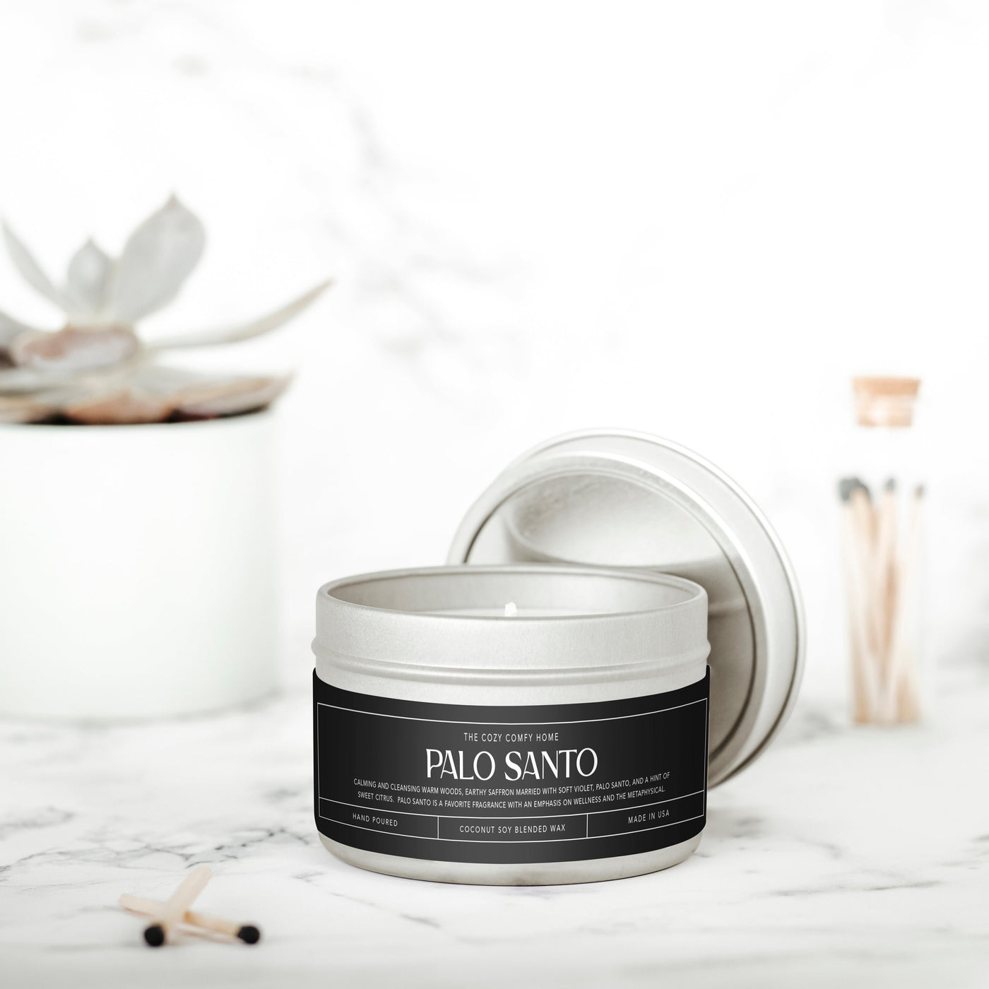 Palo Santo hand poured candle, Scented Vegan Candle, 4 oz or 8 oz coconut soy wax tin candle, Gift for her, Gift For mom, Gift for Sister
