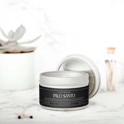Palo Santo hand poured candle, Scented Vegan Candle, 4 oz or 8 oz coconut soy wax tin candle, Gift for her, Gift For mom, Gift for Sister