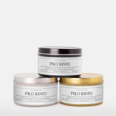 Palo Santo hand poured candle, Scented Vegan Candle, 4 oz or 8 oz coconut soy wax tin candle, Gift for her, Gift For mom, Gift for Sister