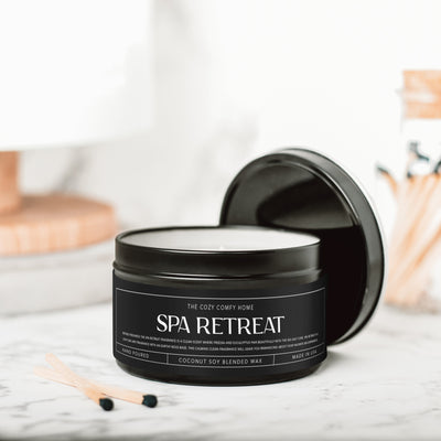 Spa Retreat hand poured candle, Scented Vegan Candle, 4 oz or 8 oz coconut soy wax tin candle, Gold Silver or Black, Gift for her