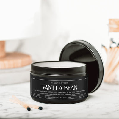 Vanilla Bean hand poured candle, Scented Vegan Candle, 4 oz or 8 oz coconut soy wax tin candle, Gold Silver or Black, Gift for her