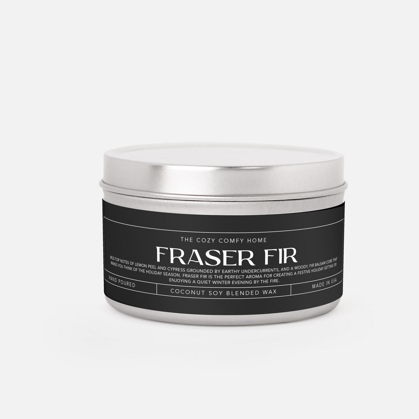 Fraser Fir hand poured candle, Scented Vegan Candle, 4 oz or 8 oz coconut soy wax tin candle, Gold Silver or Black, Gift for her