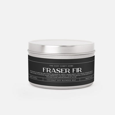 Fraser Fir hand poured candle, Scented Vegan Candle, 4 oz or 8 oz coconut soy wax tin candle, Gold Silver or Black, Gift for her
