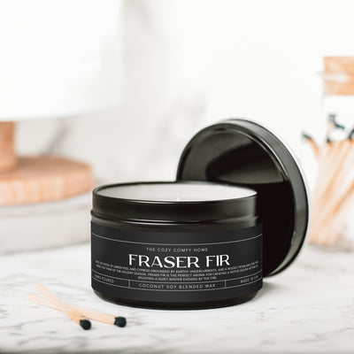 Fraser Fir hand poured candle, Scented Vegan Candle, 4 oz or 8 oz coconut soy wax tin candle, Gold Silver or Black, Gift for her