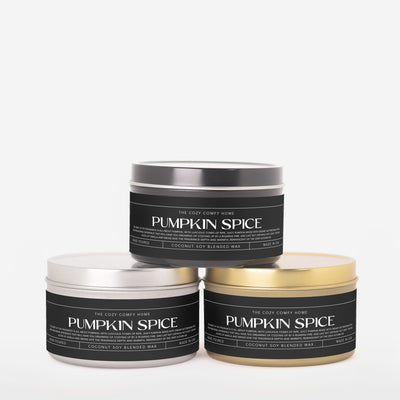Pumpkin Spice hand poured candle, Scented Vegan Candle, 4 oz or 8 oz coconut soy wax tin candle, Gold Silver or Black, Gift for her