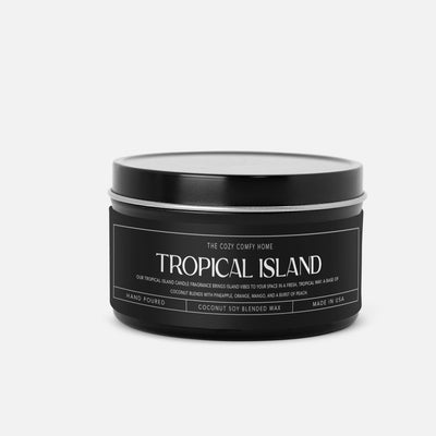 Tropical Island hand poured candle, Scented Vegan Candle, 4 oz or 8 oz coconut soy wax tin candle, Gold Silver or Black, Gift for her