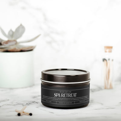 Spa Retreat hand poured candle, Scented Vegan Candle, 4 oz or 8 oz coconut soy wax tin candle, Gold Silver or Black, Gift for her