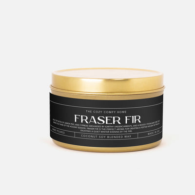 Fraser Fir hand poured candle, Scented Vegan Candle, 4 oz or 8 oz coconut soy wax tin candle, Gold Silver or Black, Gift for her