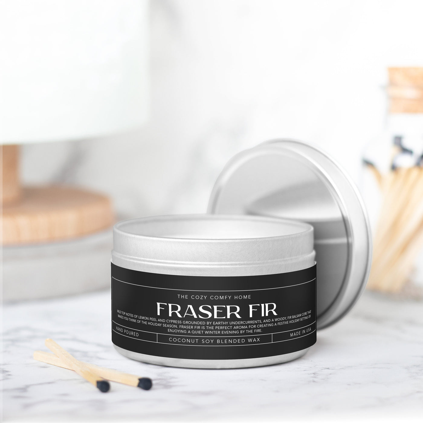 Fraser Fir hand poured candle, Scented Vegan Candle, 4 oz or 8 oz coconut soy wax tin candle, Gold Silver or Black, Gift for her