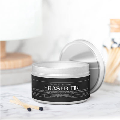 Fraser Fir hand poured candle, Scented Vegan Candle, 4 oz or 8 oz coconut soy wax tin candle, Gold Silver or Black, Gift for her