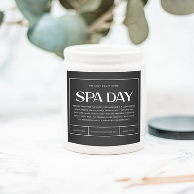 Spa Day hand poured candle, Scented Nontoxic Vegan Candle, 8 oz coconut soy wax candle, Black or White ceramic jar, Wholesale Available